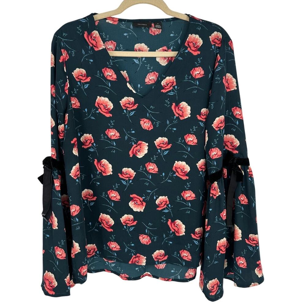 Halogen Floral Blouse Velvet Ribbon Tie Long Bell Sleeve V-Neck Blue Pink Top M
